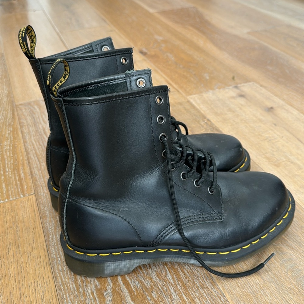 Dr. Martens Black Leather Combat Boots with Yellow Stitching